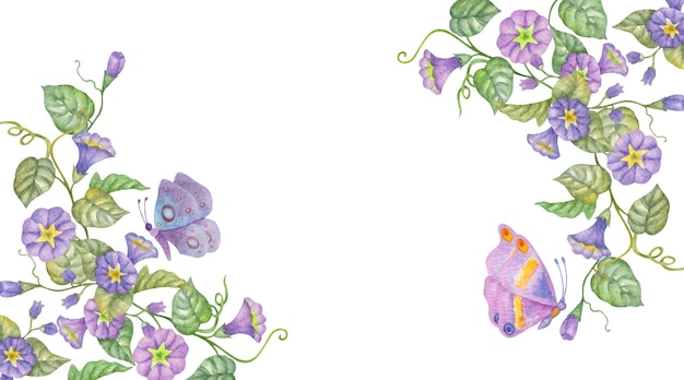 Watercolor morning glory flower background with butterflies