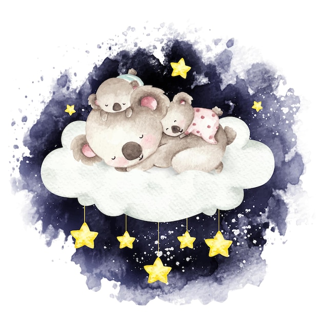 Watercolor mother and baby koala sleeping on the cloud