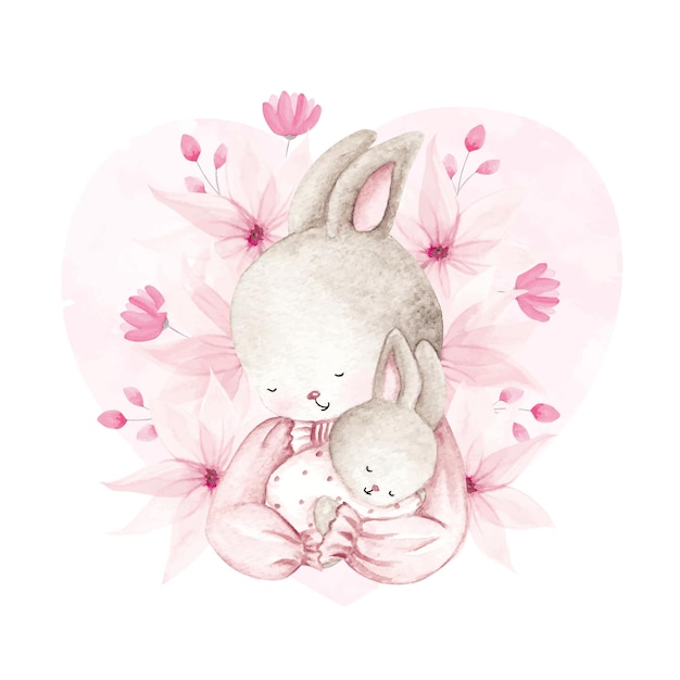 Watercolor mother and baby rabbit