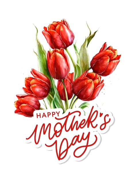 WaterColor Mother's day greeting card red tulip illustration with flowers background for bannersWallpaper invitation posters brochure voucher discount