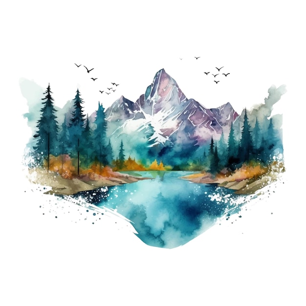 Watercolor mountain illustration on white background