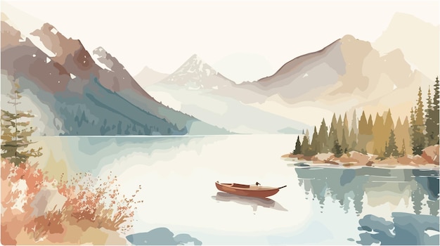 a watercolor of mountains and lake landscape