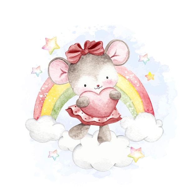 Watercolor mouse and rainbow