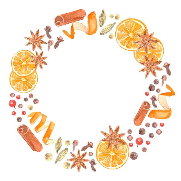 Watercolor mulled wine wreath. Spices and oranges. Mulled wine recipe. Vector illustration