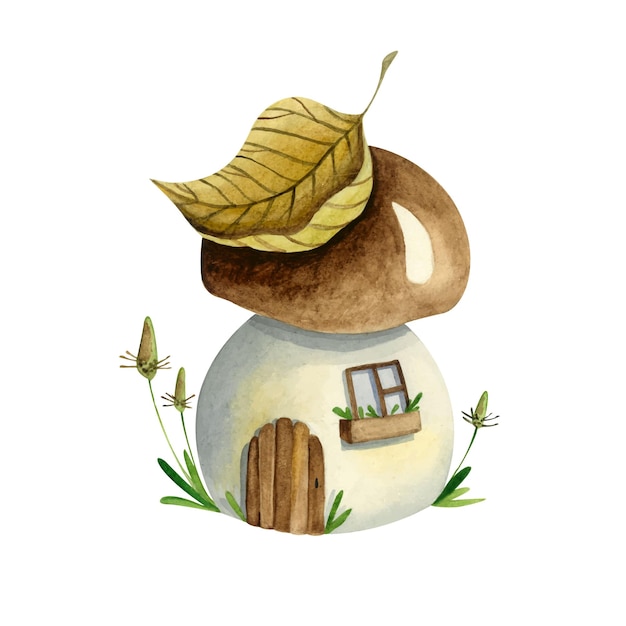 Watercolor mushroom house Fairy tale cute illustration