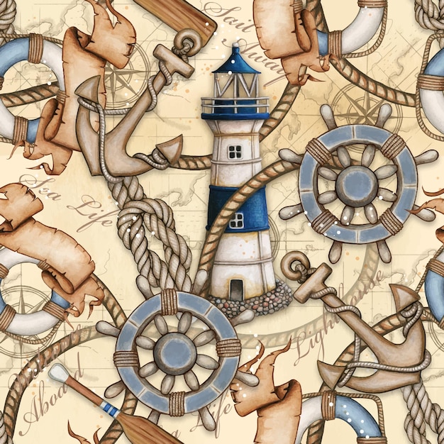 Watercolor nautical theme seamless pattern