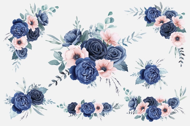 Watercolor Navy Blue Roses and Peach Anemones Bouquets