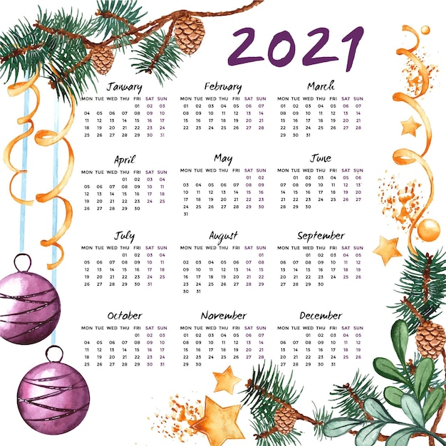 Vector watercolor new year 2021 calendar