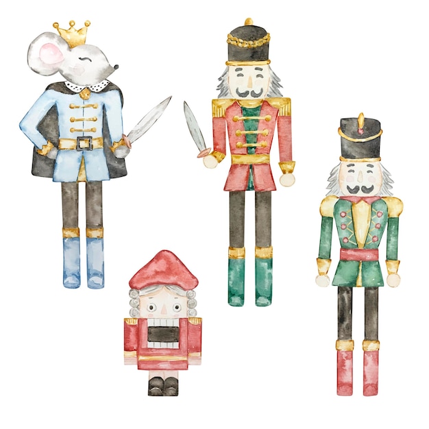 Watercolor Nutcracker Christmas soldiers and mouse king toys