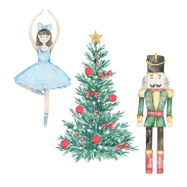 Watercolor Nutcracker Christmas tree ballerina and soldier toys