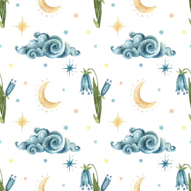 Watercolor occult seamless pattern. Illustration of blue flowers bluebells, cloud, moon, night stars.