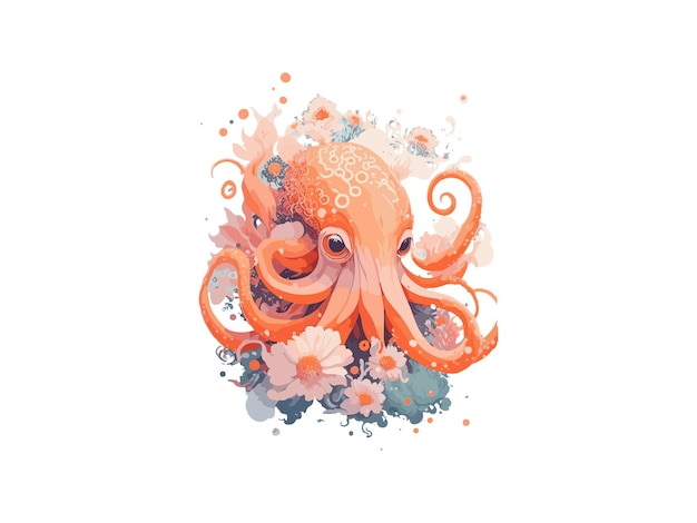 Watercolor Octopus Clip Art Floral Illustration Digital Artwork