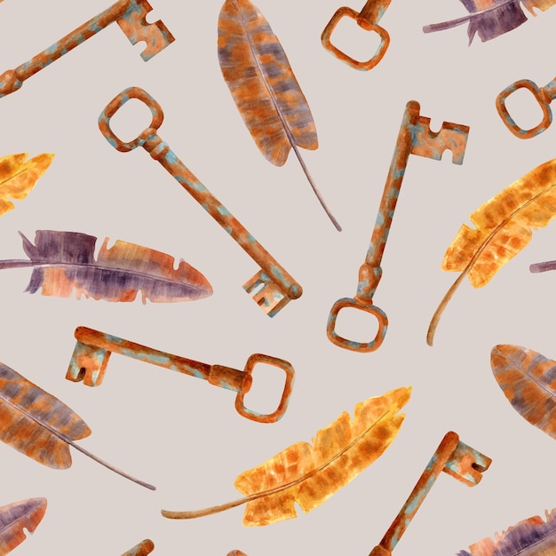 Watercolor old rusty keys and colorful feathers seamless pattern