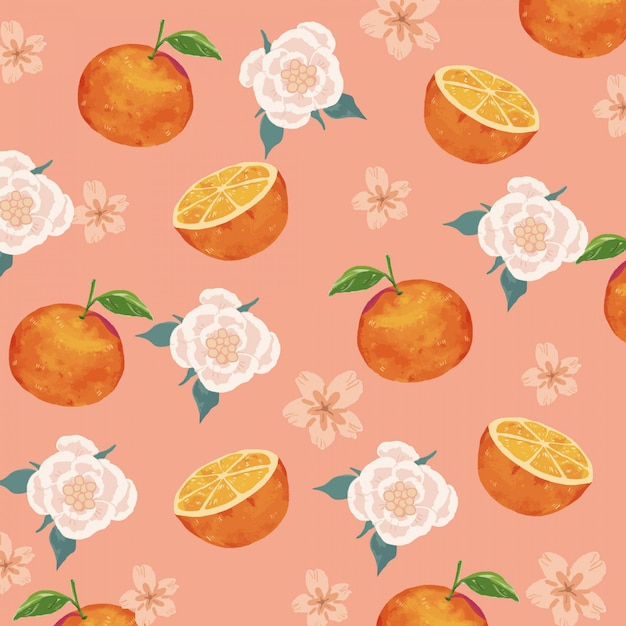  Watercolor Oranges and Flowers Seamless Pattern