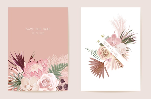 Watercolor orchid, pampas grass, protea floral wedding card. Vector exotic flower, tropical palm leaves invitation. Boho template frame. Botanical Save the Date foliage cover, modern design poster