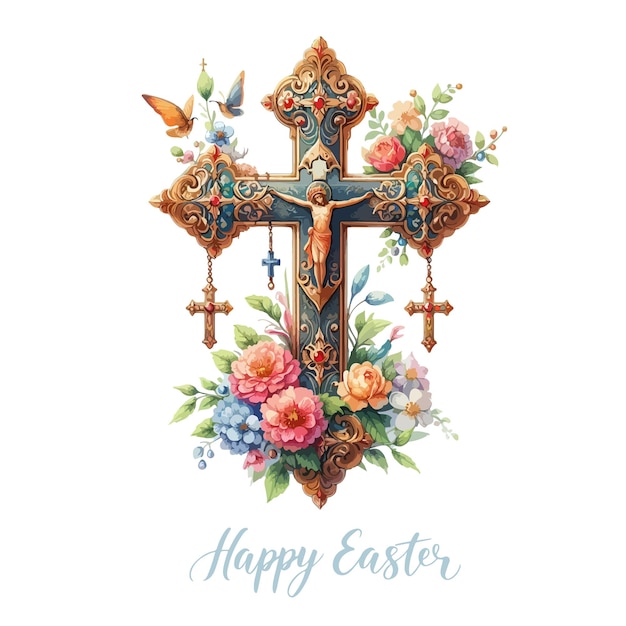 Vector watercolor orthodox cross in flowershappy easter cute easter greeting card with flowers