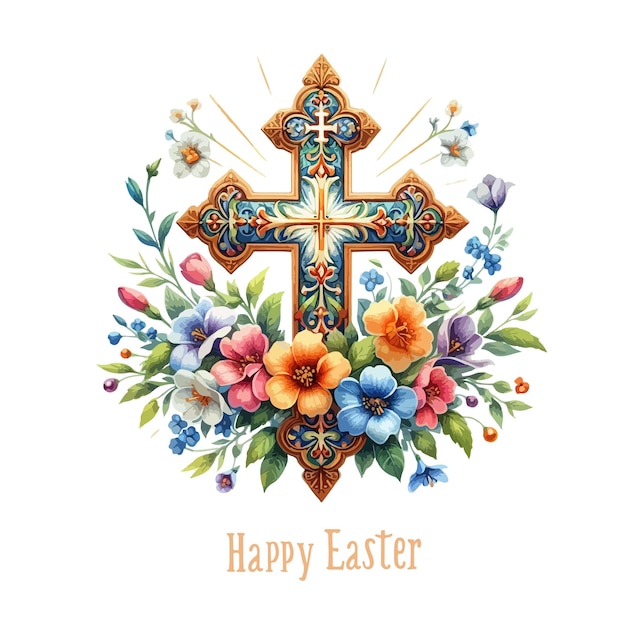 Vector watercolor orthodox cross in flowershappy easter cute easter greeting card with flowers