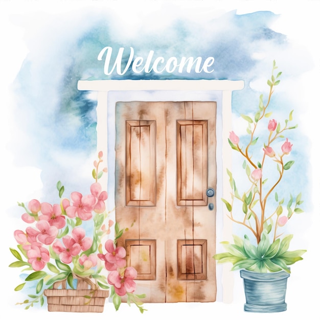 Watercolor paint ilustration of door and flowers in front welcome