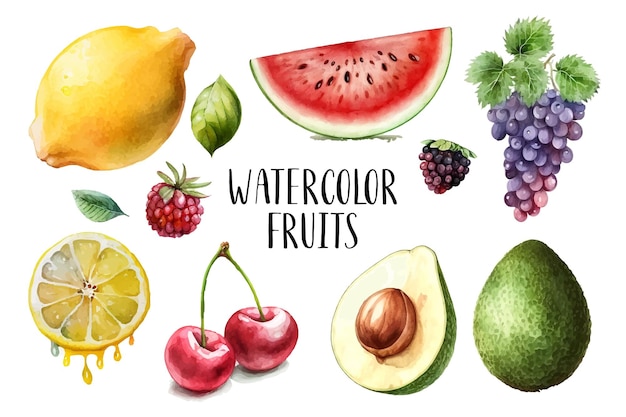 Watercolor painted collection of fruits Hand drawn fresh food design elements isolated on white background