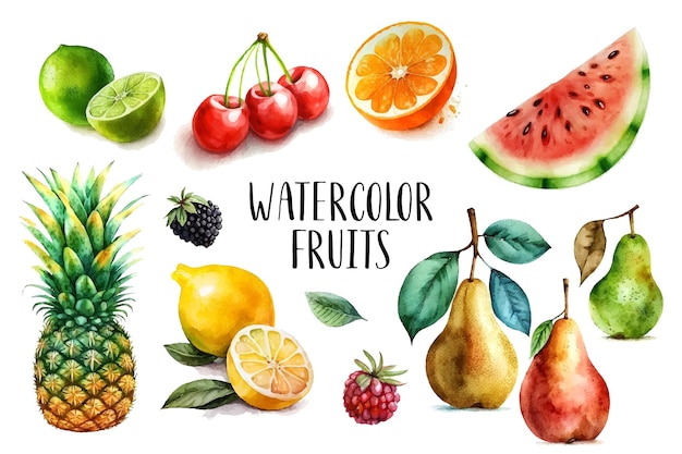 Watercolor painted collection of fruits Hand drawn fresh food design elements isolated on white background