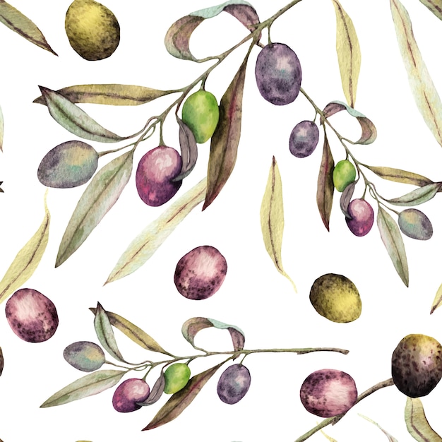 Watercolor painted olive branches and leaves seamless pattern