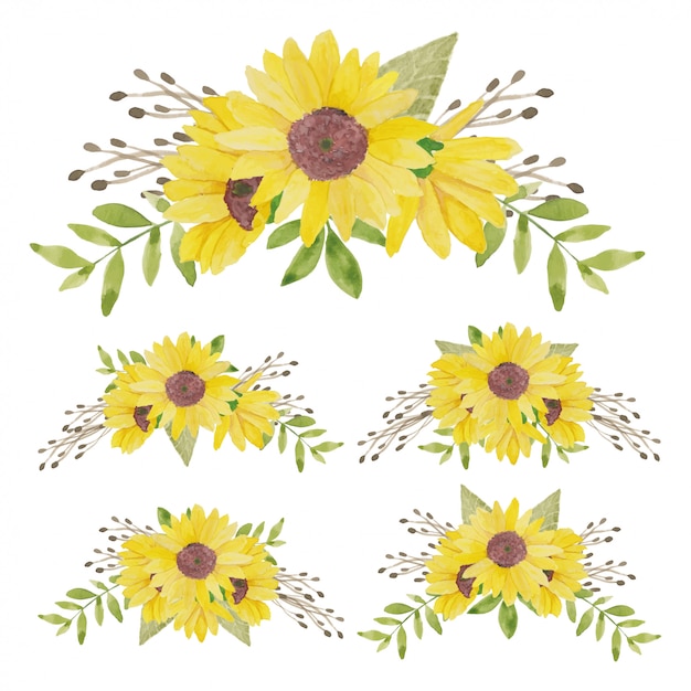 Watercolor painted sunflower bouquet collection