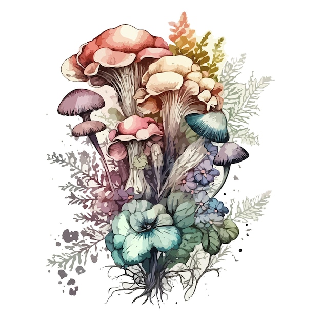 Watercolor painting of beautiful mushrooms