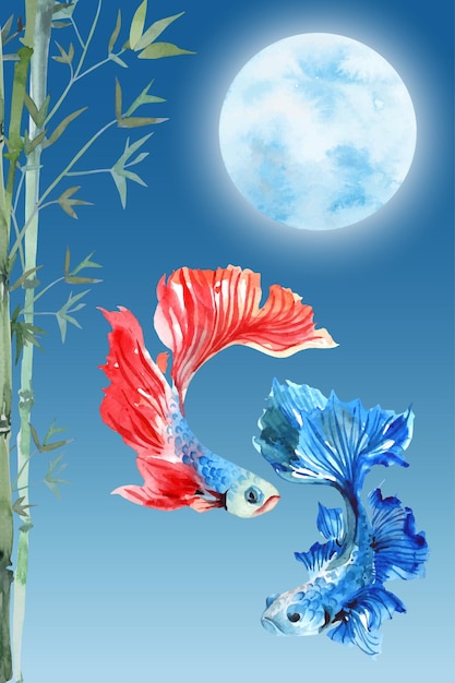 Watercolor painting of betta fish couple in Chinese style with bamboo and moon background