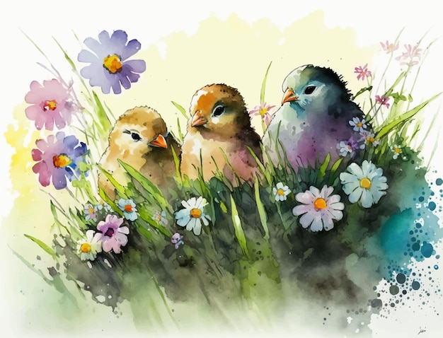 A watercolor painting of birds in a field of flowers