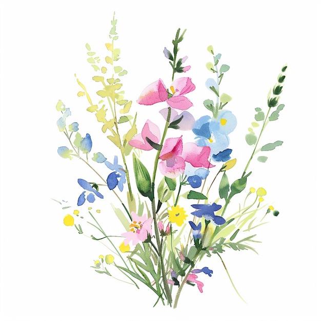 Vector watercolor painting of a bouquet of pink blue and yellow wildflowers