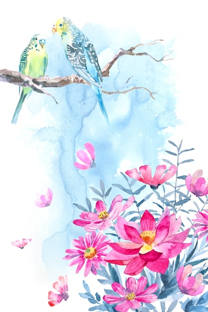 Watercolor painting of bouquets and budgies with watercolors texture on the background.