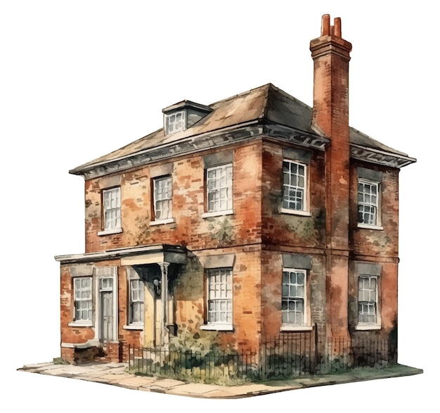 A watercolor painting of a brick house with a chimney.