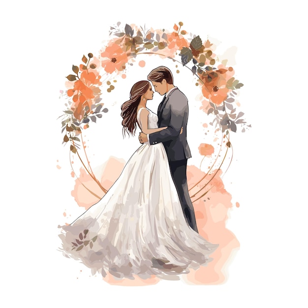 a watercolor painting of a bride and groom