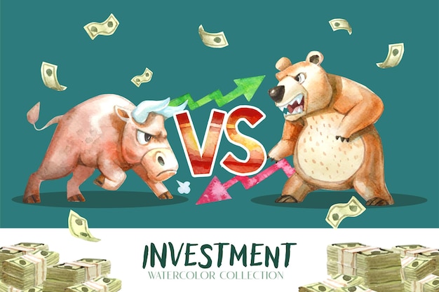 Watercolor painting, Bull versus Bear collection, which is a parable of the investment trend.