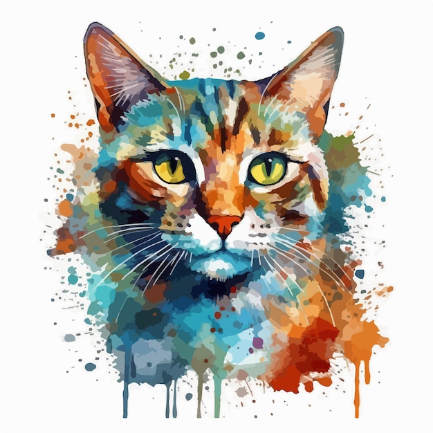 A watercolor painting of a cat with yellow eyes and a blue and orange face.