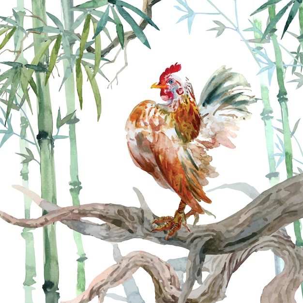 Watercolor painting of chicken with old branches in the bamboo forest