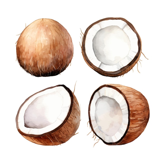 Vector watercolor painting of coconut four collection