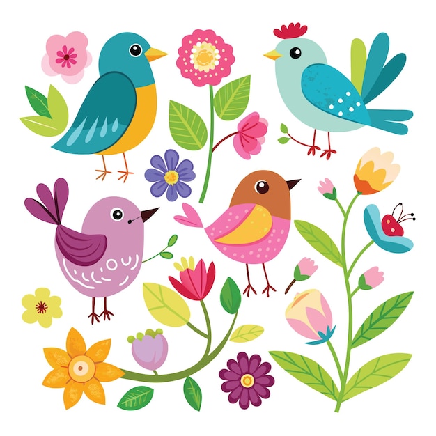 Vector watercolor painting of collection of birds and leaves the birds are in various positions and sizes