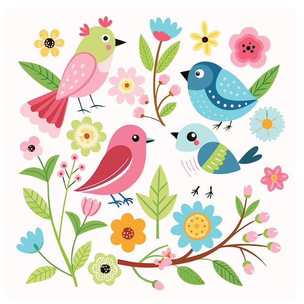 Vector watercolor painting of collection of birds and leaves the birds are in various positions and sizes