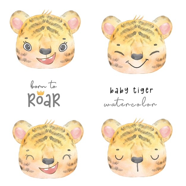 Watercolor painting cute adorable baby tiger face head in different emotions born to roar animal