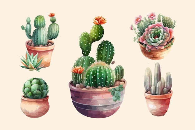 A watercolor painting of different cactus in pots