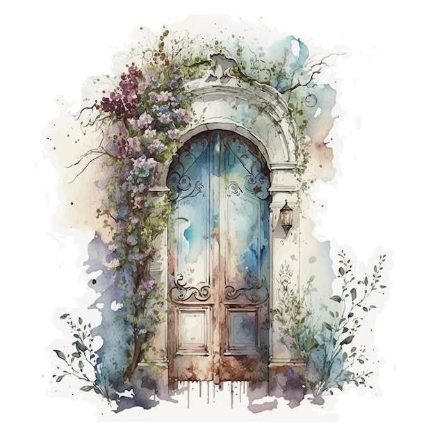 A watercolor painting of a door with flowers on it