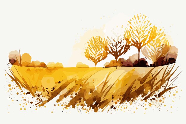 Watercolor painting of a field with trees and the word autumn.