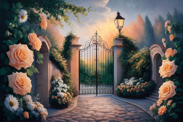 Watercolor painting of flower garden gate landscape painting with building house courtyard garden