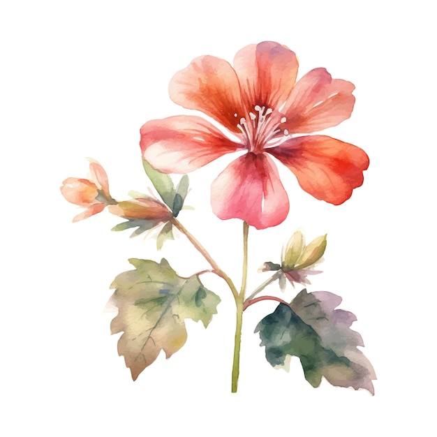 A watercolor painting of a flower with a green leaf.