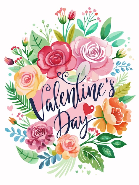 Vector watercolor painting of flowers and leaves surrounding a pink brush stroke with the words quotvalentine39s dayquot written in blue cursive script there is a red heart in the brush stroke