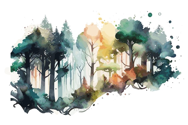 A watercolor painting of a forest with a forest background.