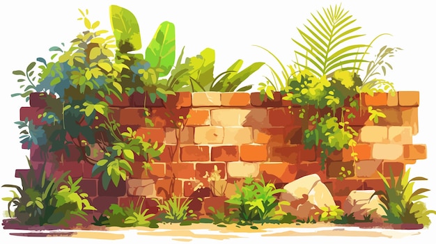 a watercolor painting of a garden with plants and a brick wall