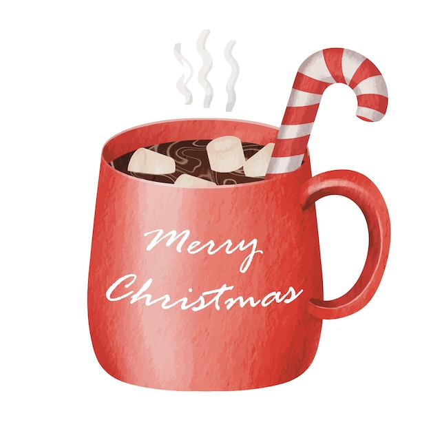 Watercolor painting of hot chocolate or hot cocoa in a red cup. A delicious seasonal warm drink.