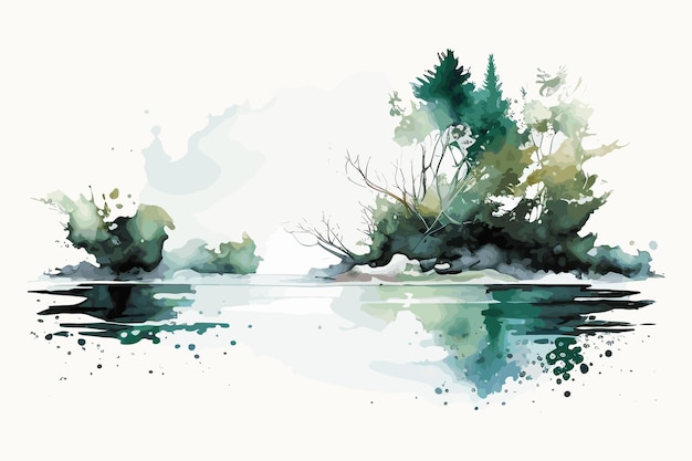 A watercolor painting of a lake with trees and watercolour.